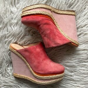 Hoss Intropia Red Pink Suede Leather Espadrille Slip On Mule Wedge Heels Size 36